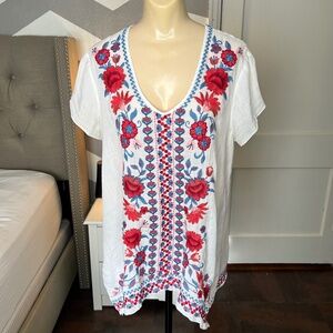 Johnny Was Floral Embroidered V Neck Top, White, Bright Colors